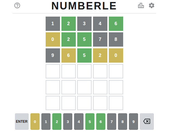 Colored hints in Numberle showing guess feedback